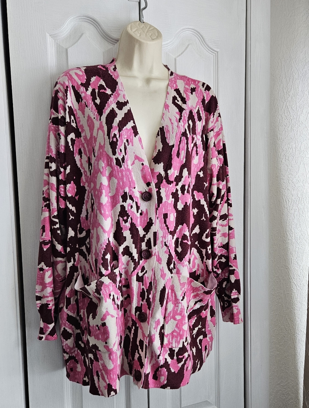 Nice kathy ireland Pink & Burgundy Knit Fabric Sweater Button Down  Sz 2x